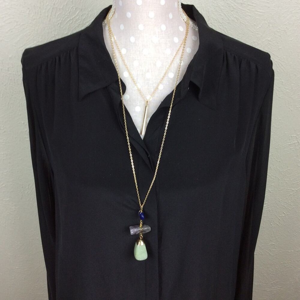 Layered Pendant Necklace Gold Tone Bar‎ and Stones